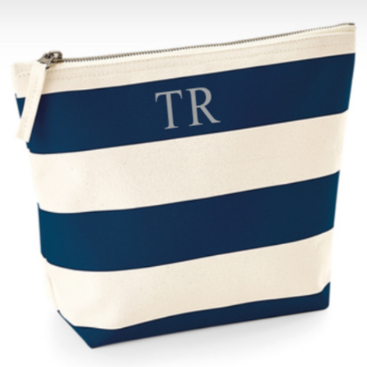 Navy and cream striped cosmetics bag with silver initials to front. Handmade by Tallulah Riley