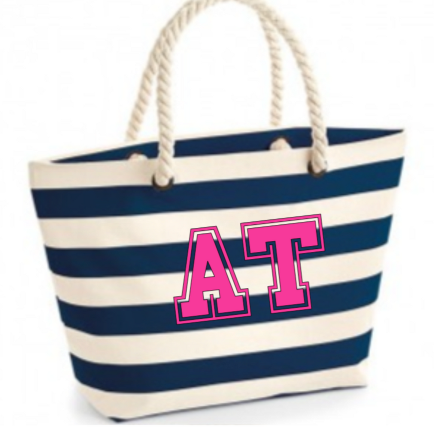 Large navy and cream striped beach bag with large varsity style initials in fluorescent pink to front, handmade by Tallulah Riley