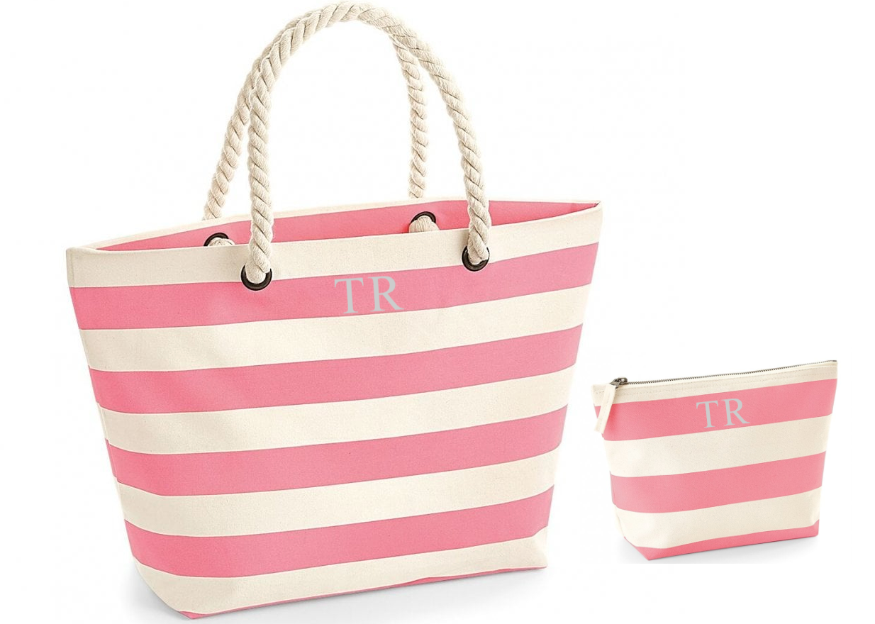 Pink and cream beach bag with silver initials to front, handmade by Tallulah Riley