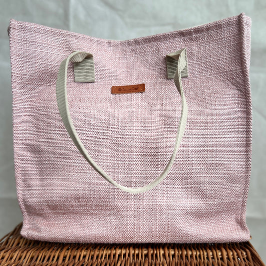 front view of pick tweed style boxy tote bag with beige handles, handmade by Tallulah Riley