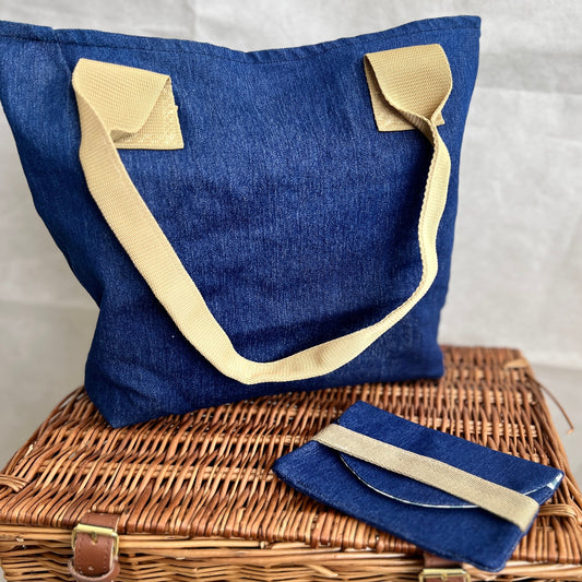 soft denim tote bag with beige handles and matching wallet, handmade by Tallulah Riley