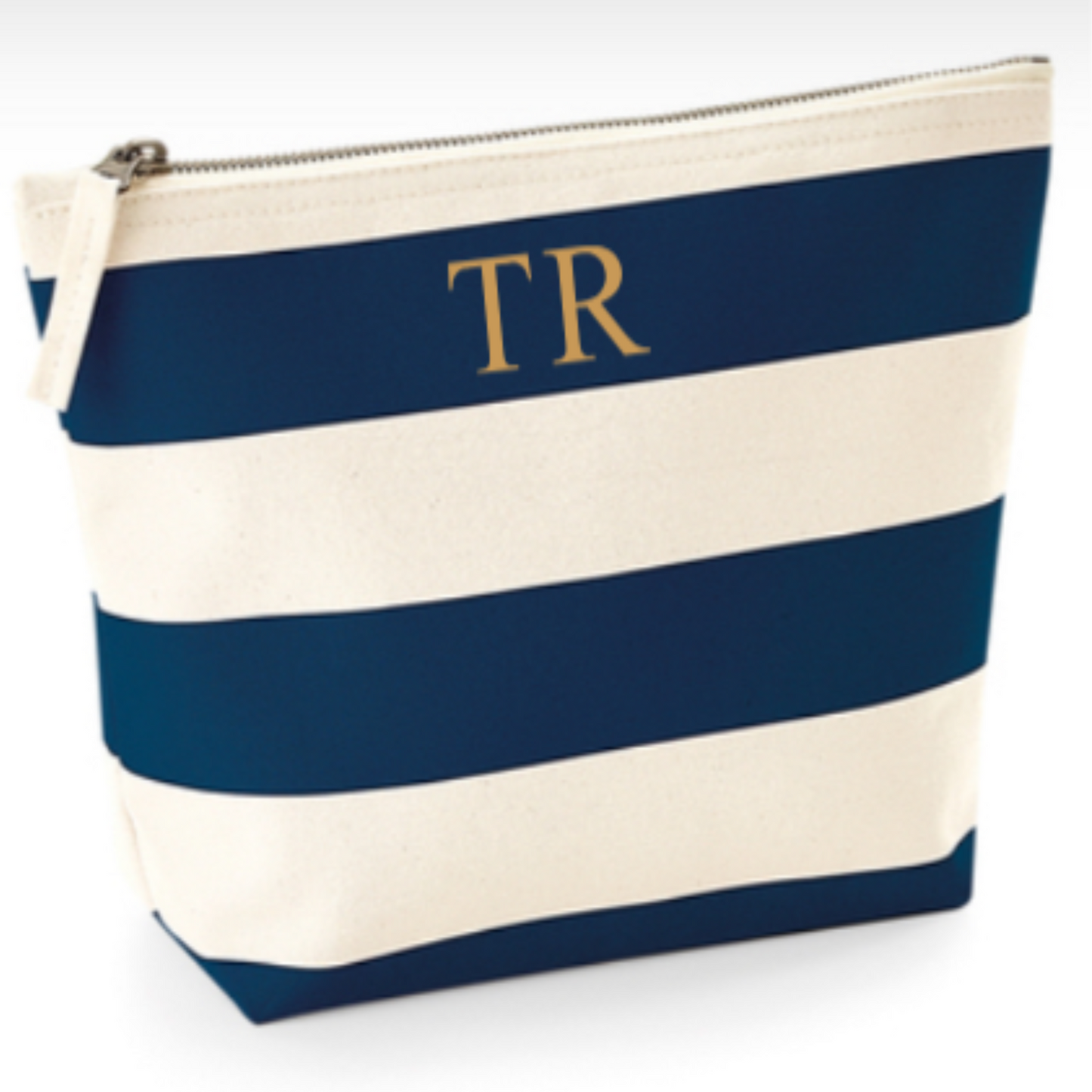 Navy and cream striped cosmetics bag with gold initials to front. Handmade by Tallulah Riley