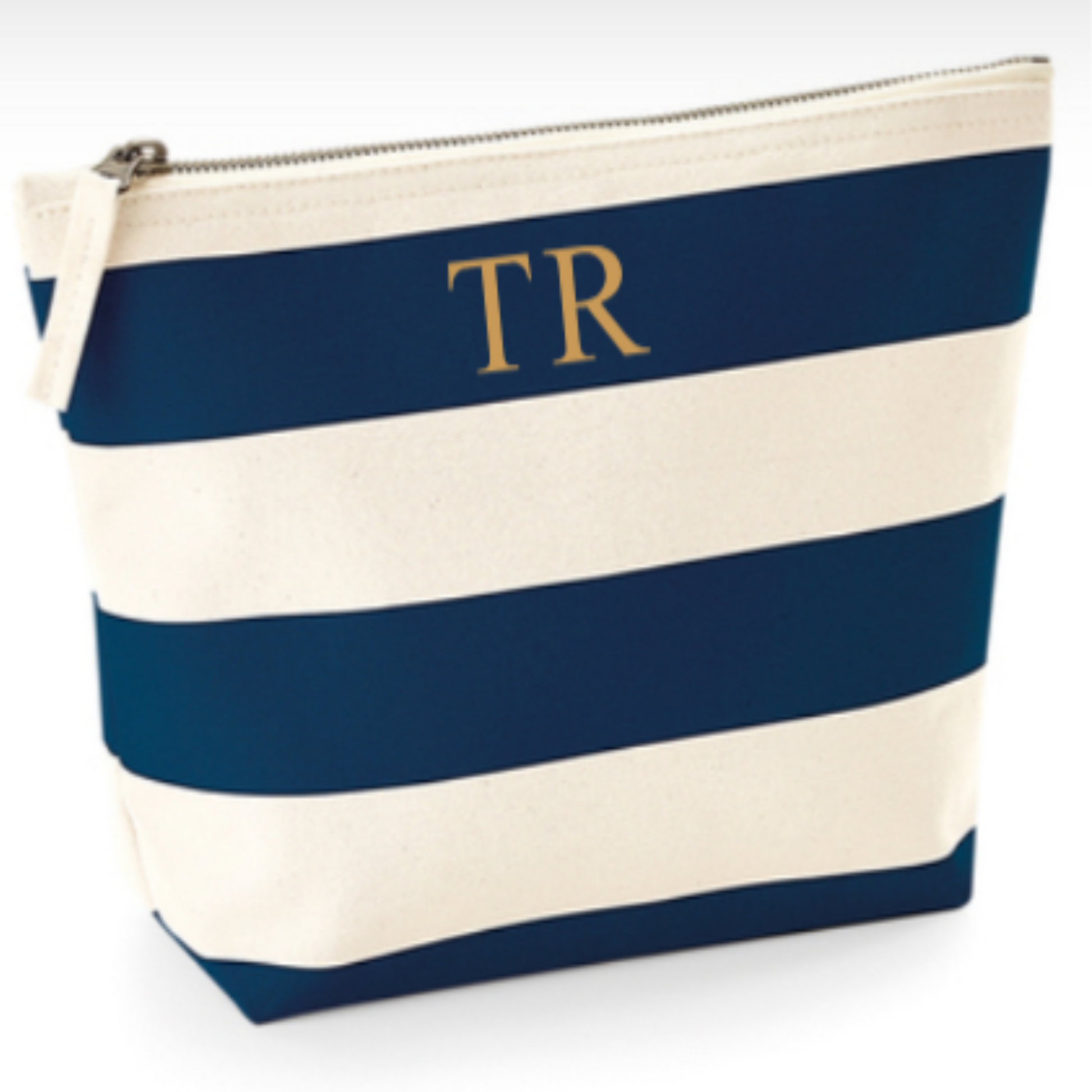 Navy and cream striped cosmetics bag with gold initials to front. Handmade by Tallulah Riley