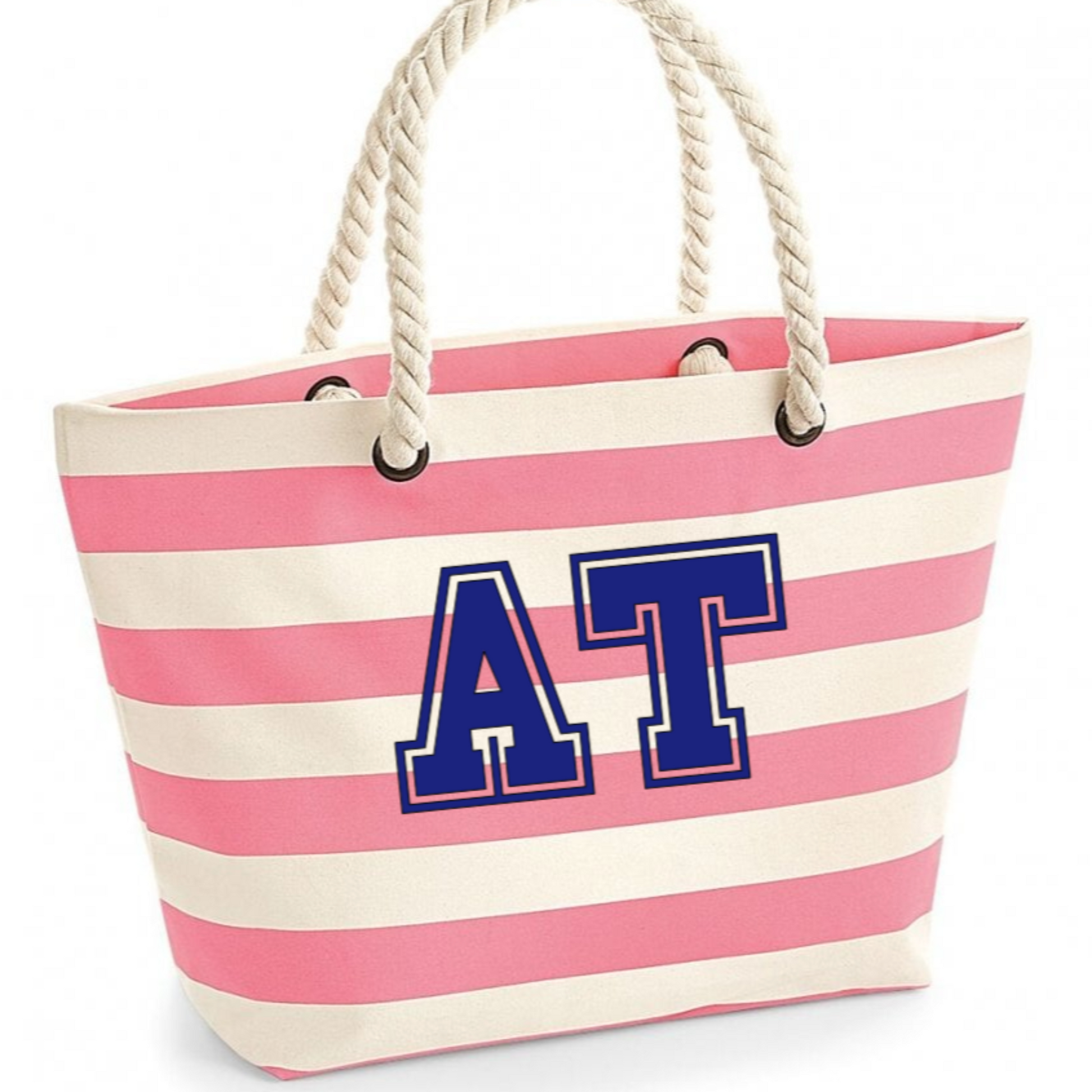 Large pink and cream striped beach bag with large varsity style initials in navy blue to front, handmade by Tallulah Riley